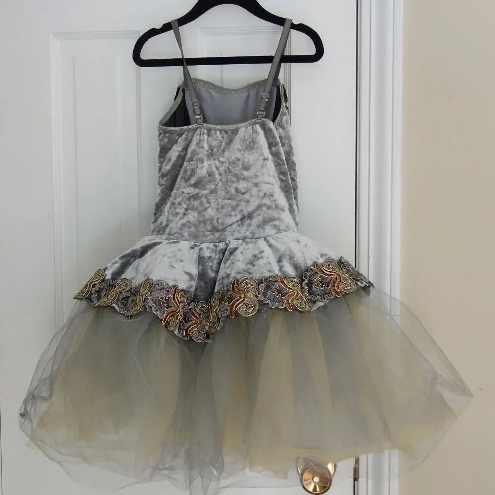 REVOLUTION DANCEWEAR Gray Crushed Velvet Metallic Floral Lace Dress – Girls Med